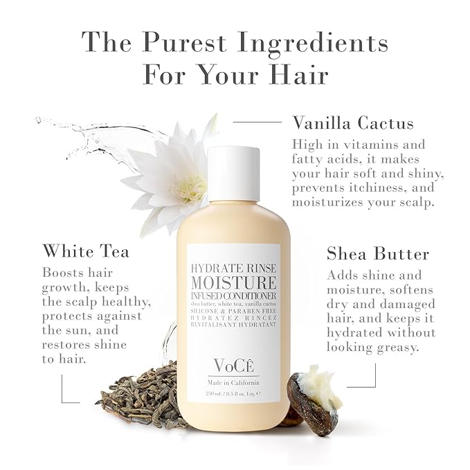 VoCÊ Haircare Natural Hydrating Conditioner - Rinse | Deep Moisturizing, Anti-Frizz, Sulfate-Free, Non-Toxic, Vegan Haircare for Women and Men with Shea Butter, White Tea, Vanilla Cactus (8.5 oz)