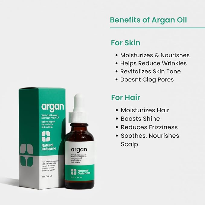 natural outcome Argan Oil 100% Pure Moroccan Cold-Pressed Face, Body and Hair Lightweight Oil for Moisturizing, Hydrating & Skin Nourishment, 1 oz