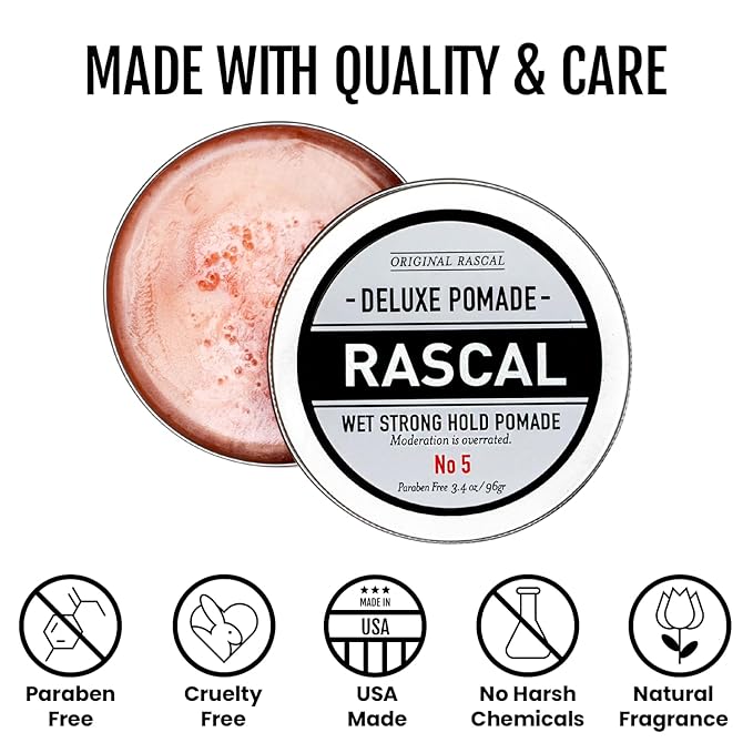 Original Rascal Deluxe Pomade #5 - Hair Paste High Shine w/Strong Hold & Wet Look - Men's Styling Care Solution for All Hair Type - Natural Made with Ceteareth-25 & Castor Oil for Hair Growth Health