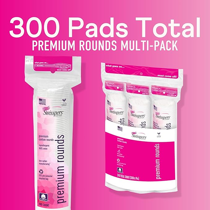 Swisspers Premium Cotton Rounds - 100% Chlorine Free Cotton Face Pads for Makeup, Nail Polish Removal - Dermatologist Tested and Hypoallergenic, Made in USA - 100 Pads (Pack of 3)