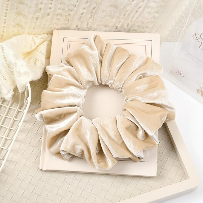 CEELGON Beige Big Velvet Scrunchie 6.5 Inches Jumbo Scrunchies Hair Ties Oversized Ponytail Holder for Thick Curly Hair Extra Large Hair Accessories for Women (Beige)