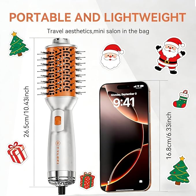 Travel Hair Dryer Brush, Double Voltage 100–240V 4-in-1 Hot Air Brush with 3 Heat & 2 Speed Settings for Drying, Straightening, Curling & Volumizing, Mini Ionic Thermal Blow Dryer Brush for Women