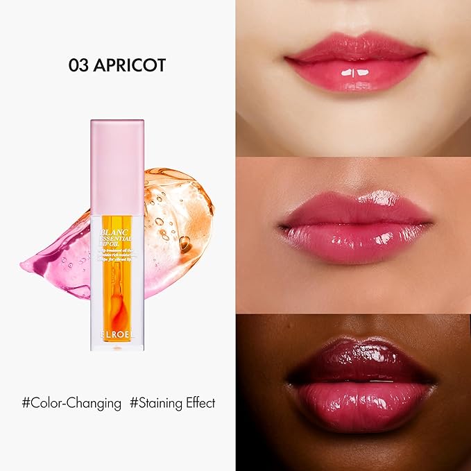 Blanc Essential Lip Oil - 50HR Moisturizing, Hydrating & Color Changing Korean Tinted Lip Oil Gloss Makeup with 6 Plant Extracts - Lightweight, Non-Sticky Finish 0.15 fl oz (#03 Apricot)