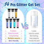 AROIC 14 Pcs Body Glitter - 7 Colors Mermaid Fairy Sparkle Makeup, Face & Hair Glitter Gel for Women Match with Mermaid Costume, Concerts Rave Accessories, Face Paint, Cosplay, Festival Birthday Party