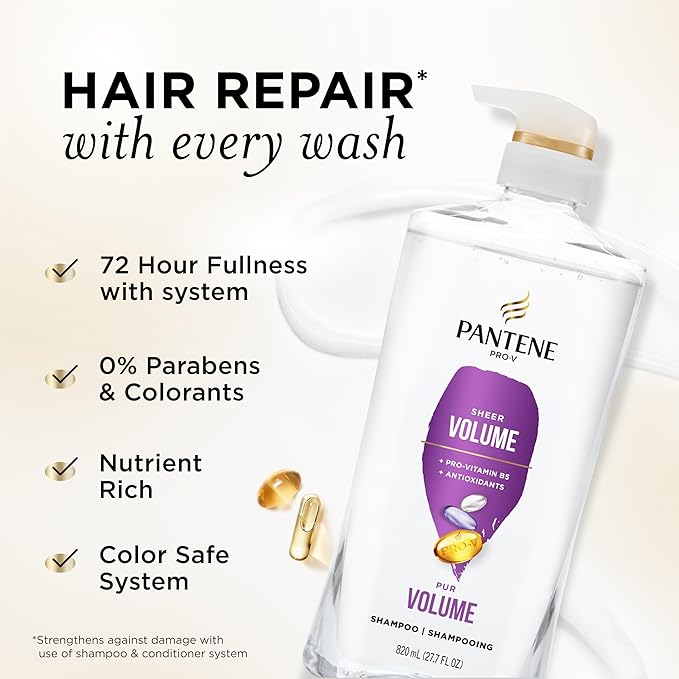 Pantene Shampoo, Sheer Volume - 72-Hour Fullness, Lightweight Nourishment with Pro-Vitamin B5 + Antioxidants, Fine, Thin, Color-Treated Hair, Paraben Free, Remove Build Up for Body & Shine, 27.7 Fl Oz