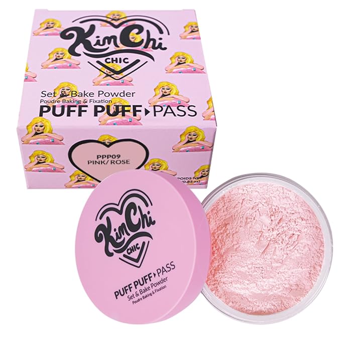 Kimchi Chic Beauty Puff Puff Pass Set and Bake Setting Powder for Makeup, Extra Fluffy Loose Face Powder Poof, Soft Natural Face Makeup for Uneven Skin Tone, 09 Pink