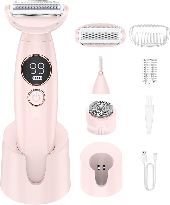 3 in 1 Bikini Trimmer for Women, Electric Razors for Women with Display, Painless Bikini Trimmer, USB Charging, Electric Shaver for Woman,Shaver for Woman for Face, IPX7 Waterproof,Shell Pink