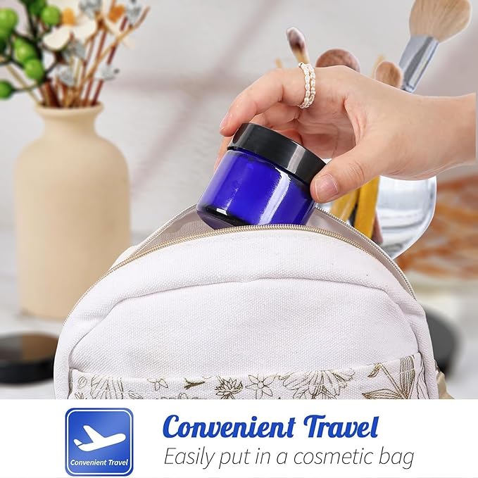 24 Pack 1 oz Round Blue Glass Cosmetic Jars with Inner Liners and Black Lids, Travel Glass Jars, Cosmetic Containers for Lip Balms, Powders, Makeup, Cream, Eyeshadow, Slime, Paint