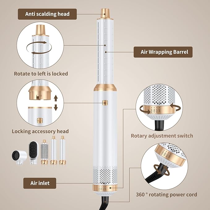 5 in 1 Blow Dryer Brush, Upgrade Hair Dryer Brush Air Curler Air Curling Wrap Styler, Detachable Hot Air Brush Negative Ion Curling Brush Iron, Hair Styling Tools for Drying Curling Straightening