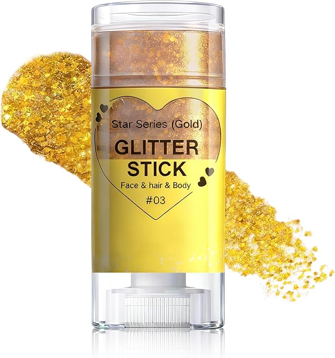 Gold Body Glitter Stick, Face Body Glitter Gel Holographic Hair Glitter Halloween Chunky Sequin Waterproof Face Paint Stick Glitter Makeup for Women