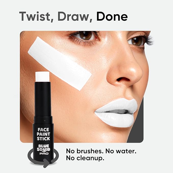Blue Squid PRO White Face Paint Stick - Waterproof Body Paint for Adults & Kids Eye Black Baseball, Softball - Vegan Hypoallergenic Twist-Up Non-Toxic Makeup Stick for Cosplay, Sports & SFX (White)
