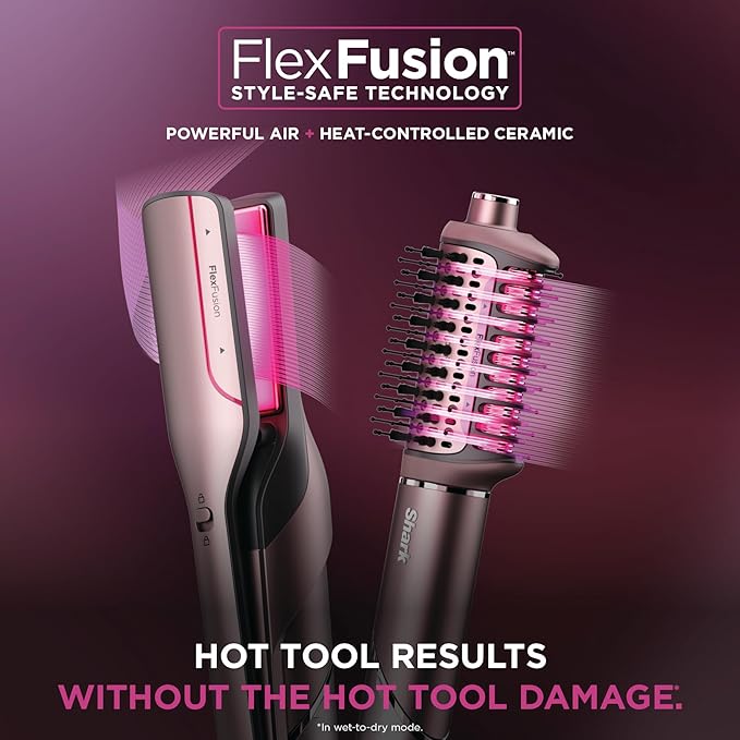 Shark FlexFusion Hair Straightener & Powerful Dryer with Diffuser, Fusion Hair Brush, Ceramic Air Styler with Auto-Wrap Curlers, Ceramic Plates, Cosmic Blush HD642S