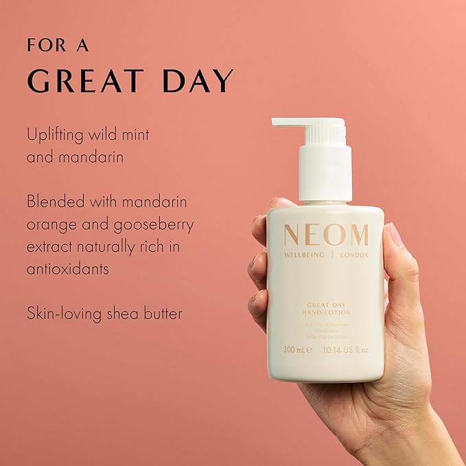 Neom Great Day Hand Lotion, 300ml | Wild Mint & Mandarin I 7 Essential Oils I 100% natural fragrances I 100% recyclable bottle I Luxurious formula I Hydrating