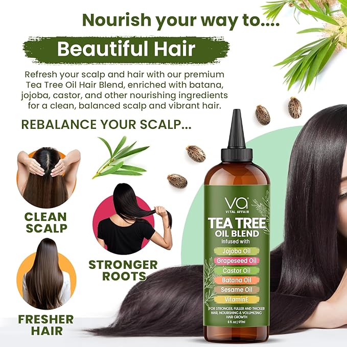 VITAL AFFAIR Tea Tree Oil For Hair With Jojoba, Castor, Batana Oil - Tea Tree Hair And Scalp Treatment - Hair Oil For Dandruff - Helps Strengthen, Volumize & Promotes Hair Growth - 6 Fl Oz