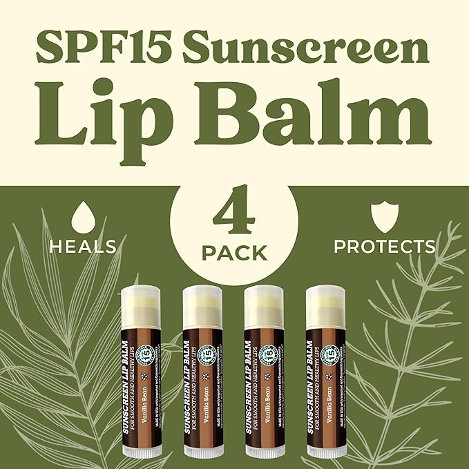Earth's Daughter SPF Lip Balm 4-Pack - Lip Sunscreen, SPF 15, Organic Ingredients, Vanilla Flavor, Beeswax, Coconut Oil, Vitamin E - Hypoallergenic, Paraben Free, Gluten Free