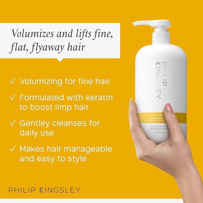 PHILIP KINGSLEY | Body Building Weightless Shampoo | Volumizing Shampoo for Fine, Limp, Flat, Flyaway Hair | Hydrates, Thickens, Lifts and Adds Volume and Shine | 33.8oz