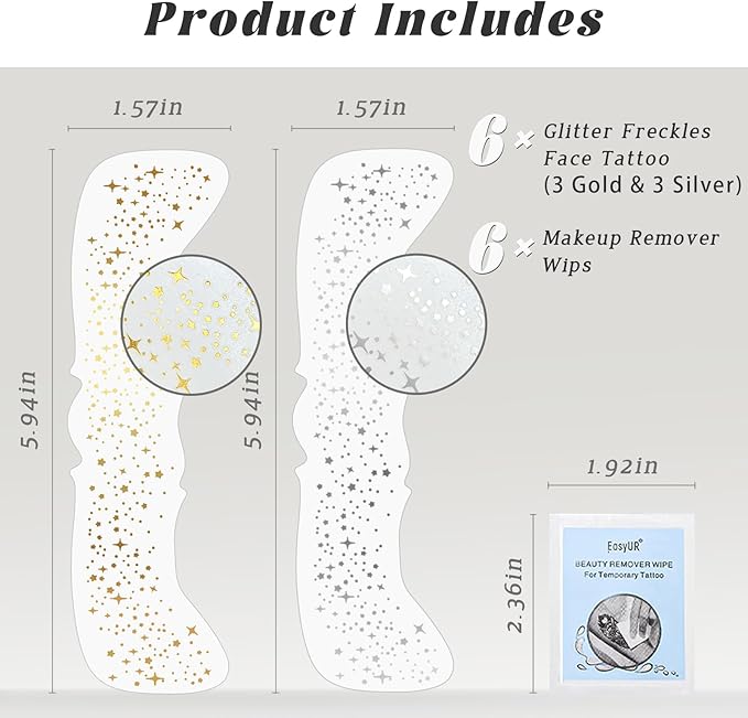6 PCS Glitter Freckles Face Tattoo, Gold&Silver Waterproof Face Sparkle Glitter Speckles Patches for Women, Cute Star Metallic Glitter Temporary Tattoo Makeup Accessories for Festival #Set A