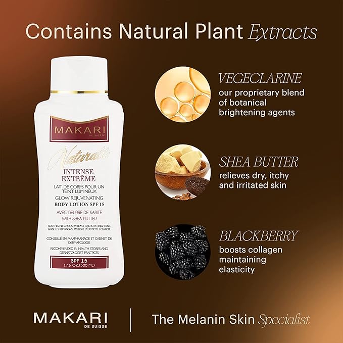 Makari Naturalle Intense Extreme Body Lotion SPF15 (17.6 oz) | Toning Body Lotion for Dry to Normal Skin Types | Brightens Complexion and Helps Fade Marks | Soothes and Conditions with Shea Butter