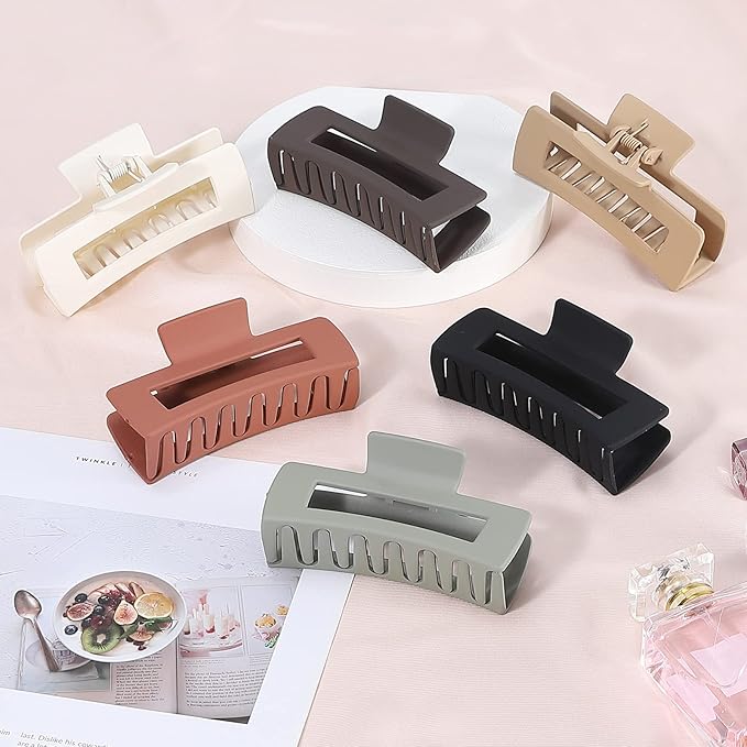 4 Inch Big Hair Claw Clips 6 Pcs Large Claw for Thick Hair Square Hair Clips for Women Rectangle Hair Clips Nonslip Acrylic Banana Jaw Clips Hair Accessories for Girls (Brown)