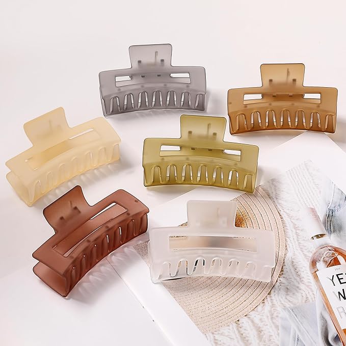 3.5 Inch Medium Hair Accessories - 6 Pack Square and Rectangle Banana Jaw Clips for Women and Girls - Tea