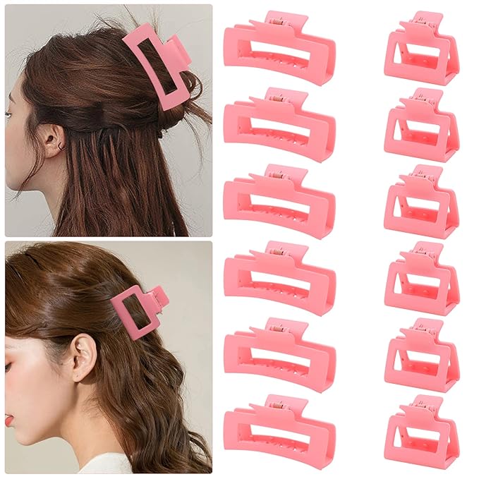 12 Pack Pink Square Claw Clips, Big and Small Neutral Rectangle Hair Claw Clips, Non-slip Matte Large Hair Clips for Women,Strong Hold jaw clip for Thick Thin Hair