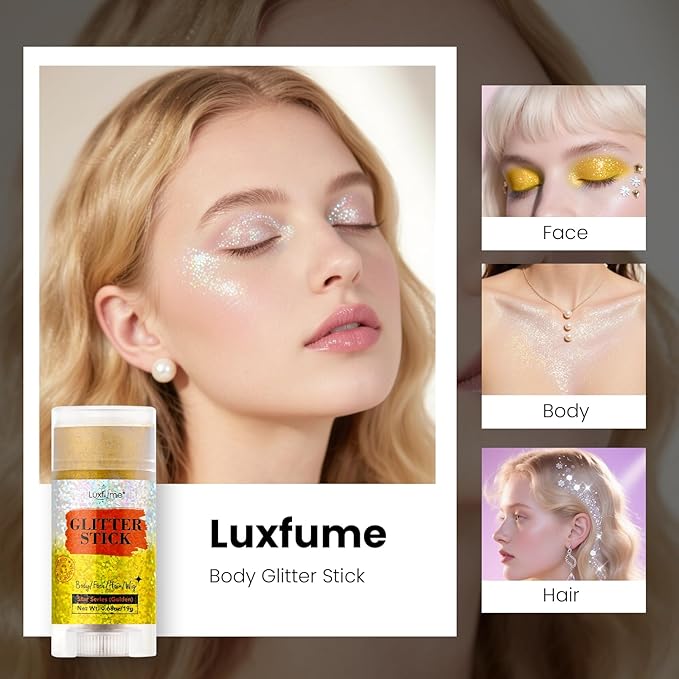 Gold Body Glitter Stick - Face & Hair Glitter Stick for Shimmer & Shine, Long-Lasting Sparkle,Glitter Gel for Hair, Glitter Makeup for Women and Men