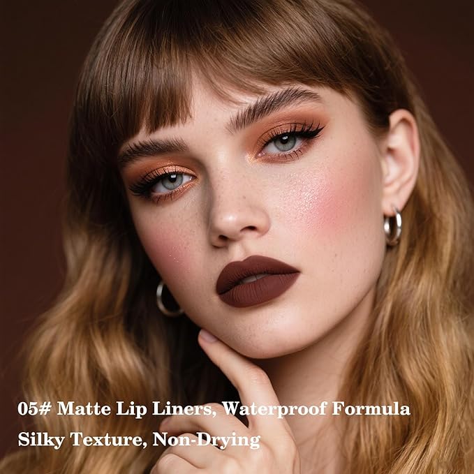 2-in-1 Gradient Brown Lip Liner & Lipstick, Dark Brown Maroon Waterproof Long Lasting Matte Lip Liner Pencil, Makeup Smudge proof lip liner with Cone Tip (05#-Dark Brown)