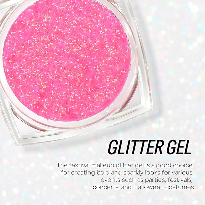 Pink Face and Body Hair Glitter Gel, Party Concerts Cheer Face Paint Holographic Chunky Festival Rave Accessories Glitter Makeup, 6 Kinds of Sparkling Sequins for Hair Nail Eye Lip Body