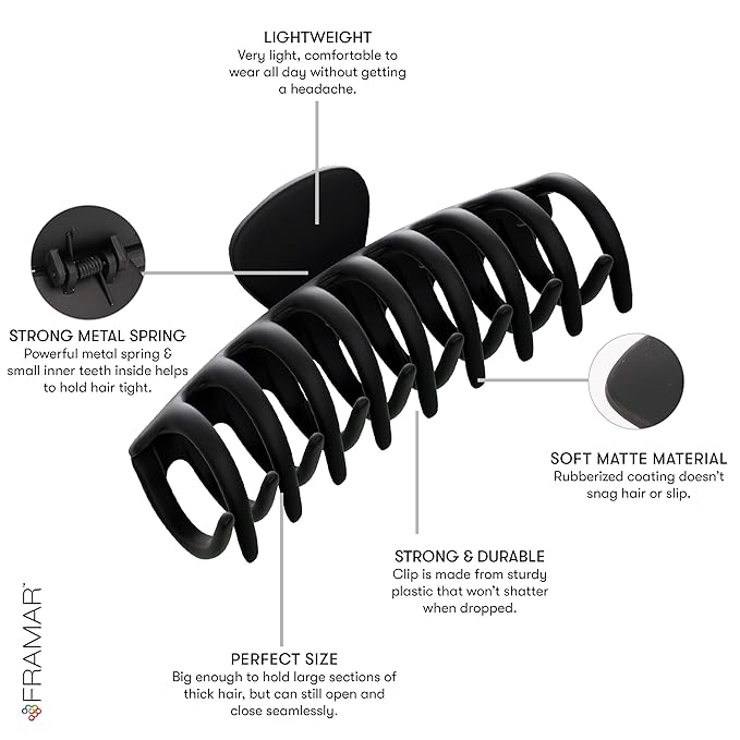 FRAMAR Large Claw Clips For Thick Hair – Large Hair Clip For Thick Hair, Big Hair Clips For Women, Hair Claws Clips For Women, Black Hair Clips, Black Claw Clip - 4 Pack Non Slip Matte Finish