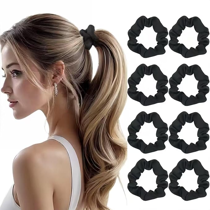 8 Pcs Black Small Satin Scrunchies for Women, No Damage No Crease Hair Ties Scrunchies for All Hair Types and Textures, Thin Hair Elastic Bands Ponytail Holders for Girls Hair Accessories