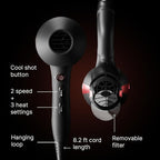 TREZORO Professional Blow Dryer for Women – Ionic Hair Dryer 2000W for Salon & Personal Use – Powerful, Fast & Quiet Drying for Curly Hair, Unwanted Frizz – Design for Travel – 8.2ft Cord – Black