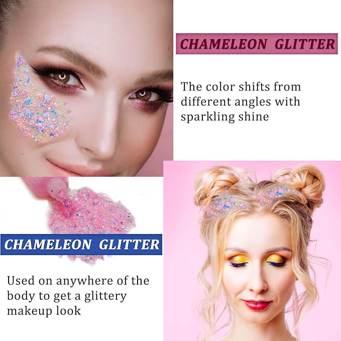 MEICOLY Chameleon Baby Pink Body Glitter,Pink Turn to Purple Face Glitter Paint,Color Changing Mermaid Face Glitter Gel for Halloween,Chunky Glitter for Face Body Hair,Festival Party Glitter Makeup