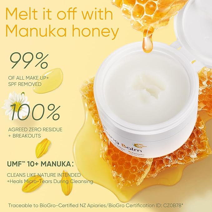 Grocerism Cleansing Balm Makeup Remover, Manuka Honey & Grass-Fed Tallow with Soothing Cica (Centella), Melts Waterproof Mascara & SPF, Non-Comedogenic for Sensitive Dry Skin & Eyes, 3.53 Oz