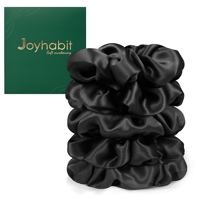 Joyhabit Silk Scrunchies for Women and Girls, Black, 5 Pieces, 4CM Hair-Friendly Cute & Durable Hair Ties for Women, Great for Bedtime and Everyday Style