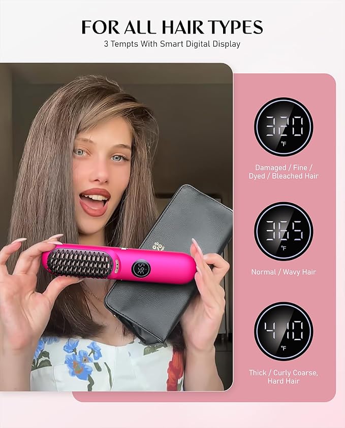 Fanttik Solo I10 APEX Portable Hair Straightener Brush, Cordless Straightening Comb with 113% Larger Heating Area, LED Display & Ceramic Coating, Ionic Technology & Safe Mode - Pink