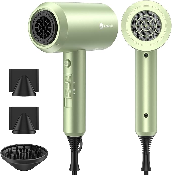 slopehill Professional Ionic Hair Dryer, Powerful 1800W Fast Drying Low Noise Blow Dryer with 2 Concentrator Nozzle 1 Diffuser Attachments for Home Salon Travel (Lime Cream)