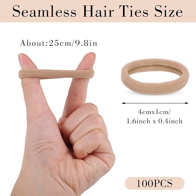 obeoby 100PCS Hair Ties for Thick Hair, Neutral Seamless Nylon Elastic Ponytail Holders Stretchy Hair Bands for Women Girls