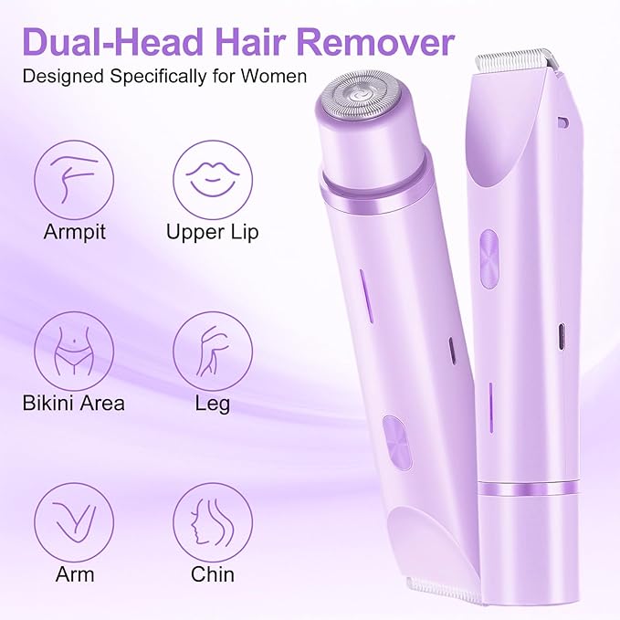 2025 New Bikini Trimmer for Women, 2 in 1 Dual Head Body Bikini Shaver, Ultra Low Silent, Painless & Cordless Hair Removal for Body , IPX7 Waterproof & Easy Cleaning for Shower & Travel (Purple)