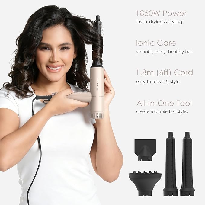 TOME Hair Dryer with Diffuser 1875W High Speed Blow Dryer Ionic 110000 RPM Cool Shot Lock 1 inch Air Curling Wands Nozzle Light Weight Pink