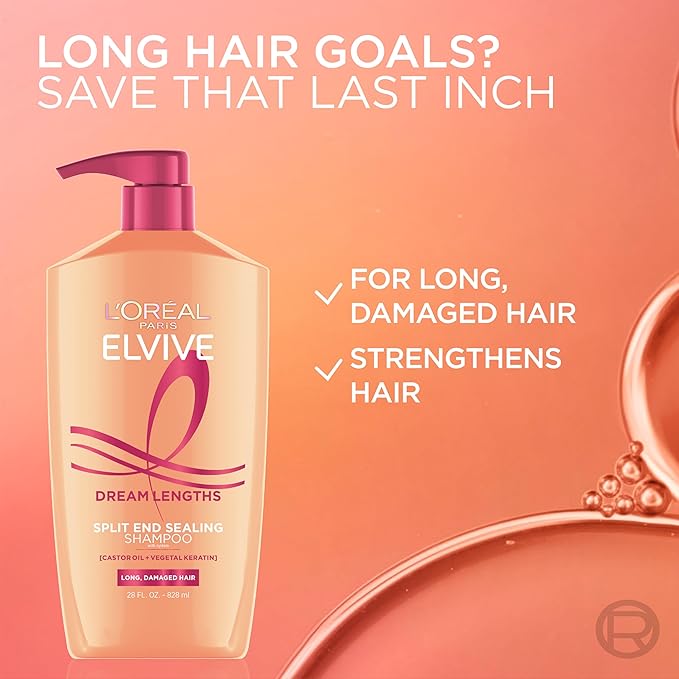 L'Oreal Paris Elvive Dream Lengths Restoring Shampoo With Fine Castor Oil and Vitamins B3 and B5 for Long, Damaged Hair, Visibly Repairs Damage Without Weighdown With System, 28 Fl Ounce