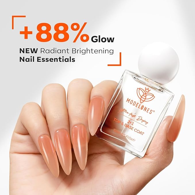 modelones Nail Polish Top Coat Base Coat 3-in-One, 15 Ml Clear Nail Strengthener Quick Dry Long Lasting Shine Chip Fade Resistant Nails Protect Care Gifts for Women