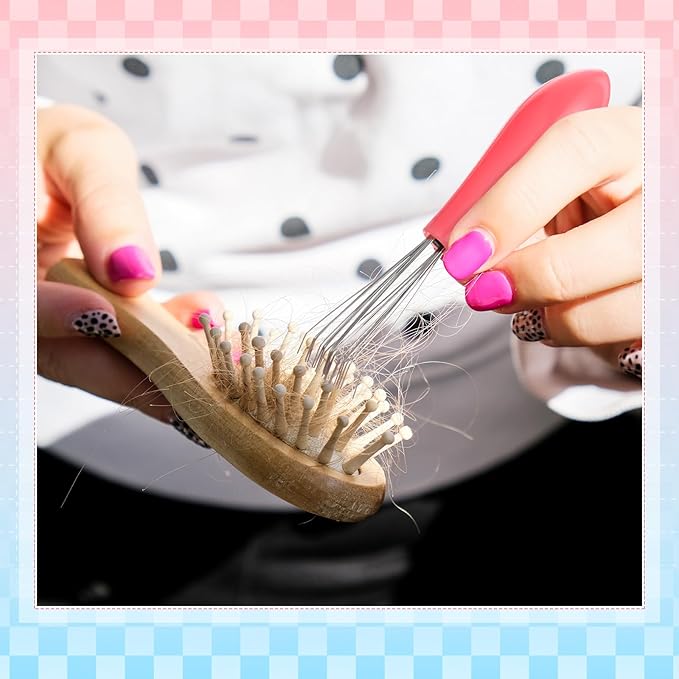 Boao 2 Pieces Hair Brush Cleaning Tool Comb Set Mini Hair Brush Dirt Remover with Metal Wire Rake for Removing Hair Dust Home and Salon Use(Pink and Green)