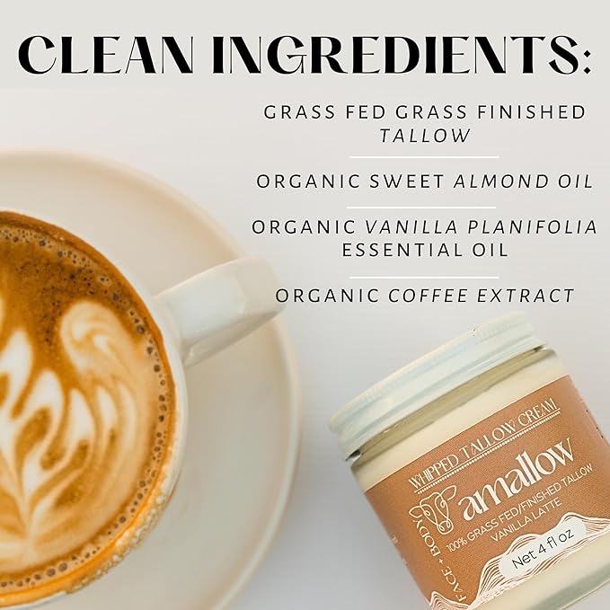 Amallow 100% Grass Fed Beef Tallow for Skin Care - Face + Body - Whipped Moisturizer - Natural Lotion, 4 FL. oz. (Vanilla Latte)