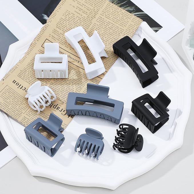 3 Style Claw Hair Clips Set for Women - 9 pcs Medium Rectangle Clips for Thick Hair, Square Clips for Thin Hair - Grey