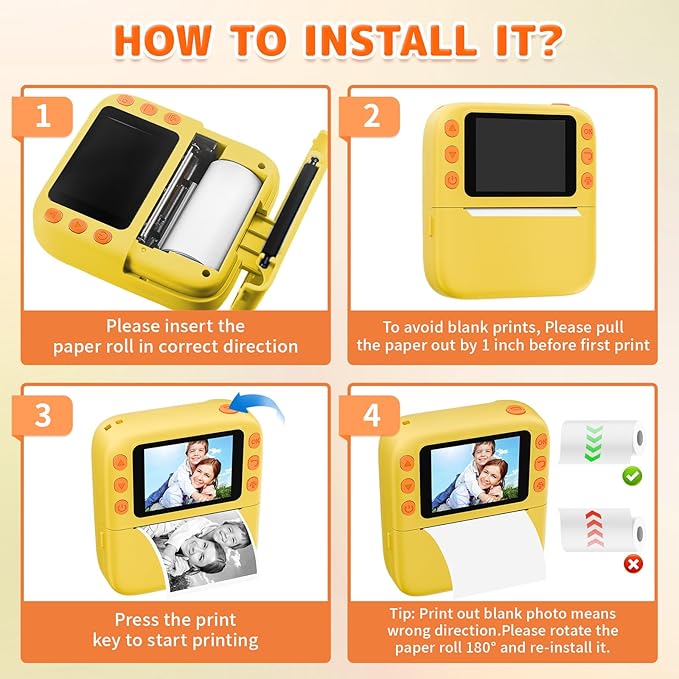 Instant Print Camera for Kids, Christmas Birthday Gifts for Girls Boys, 1080P Instant Digital Print Cameras for Toddler,Portable Toy for 4 5 6 7 8 9 10 Year Old Girl with 32GB SD Card，Yellow