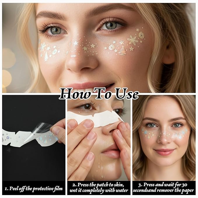 Face Glitter Freckles 12 Pcs Christmas Temporary Face Tattoos Stickers Waterproof Sparkle Face Speckles Makeup Patches Cute Body Temporary Tattoo Rave Accessories for Women Music Festival Accessorie