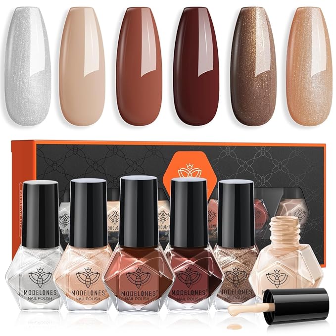 modelones Nail Polish Set 6 Colors, Fall Winter Brown Nude Silver Glitter Nail Polish Skin Tone Collection Quick Dry Mini Manicure DIY Nail Art Salon Home Gifts For Women Girl
