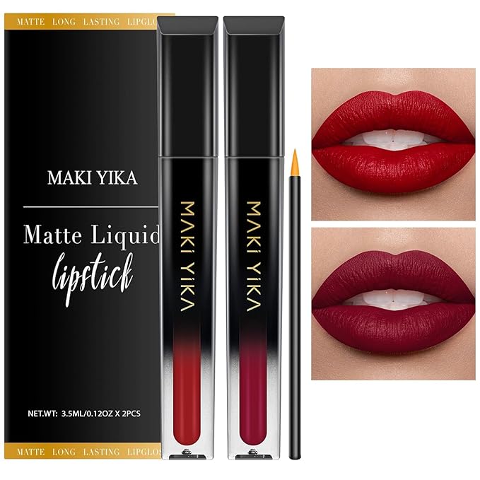 MAKI YIKA 2Pcs Matte Liquid Lipstick Set MVP Red Burgundy Lipstick Long Lasting Smudgeproof Transfer Proof Lip Makeup, Burgundy/MVPRed
