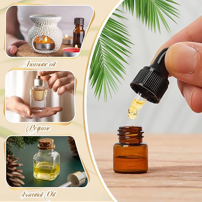 200 Pcs Mini Glass Oil Dropper Bottle Bulk, Clear Essential Small Empty Bottles Sample Containers Perfume Liquid Vials with Cap for Traveling (1 ml,Amber)