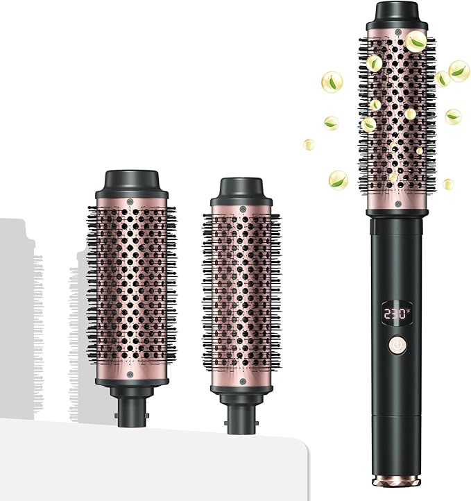 2in1 Negative Ion Thermal Brush -Heated Round Brush, Curling Iron 1 1/2 Inch& Curling Iron 1 3/4 Inch, 5 Temperature Settings,Dual Voltage